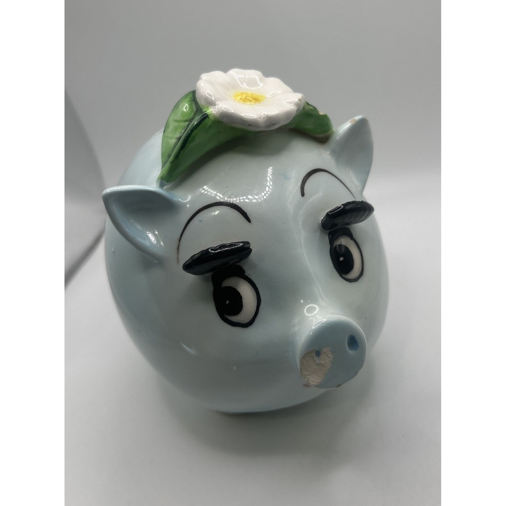 Ceramic Anthropomorphic Blue Piggy Bank Daisy Flower Long Eyelashes Vintage